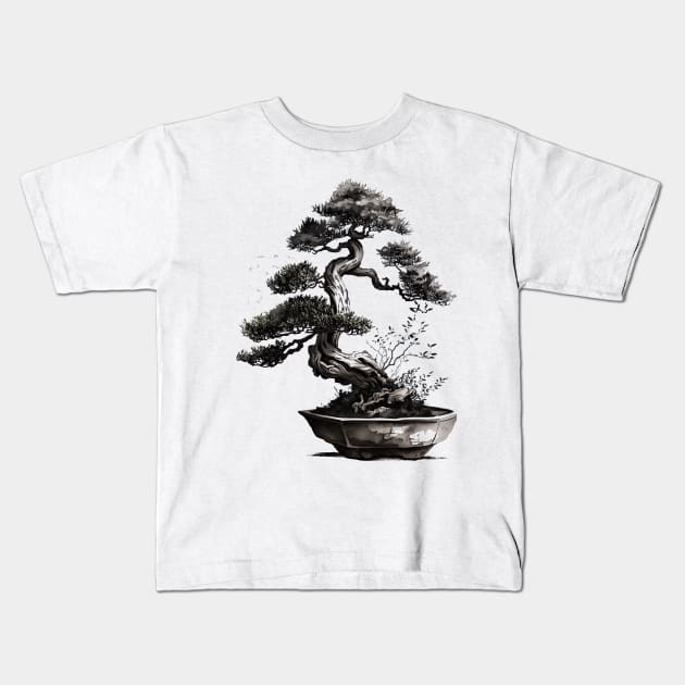 The Essence of Tranquility A Sumi-e Bonsai Painting Kids T-Shirt by geekmethat